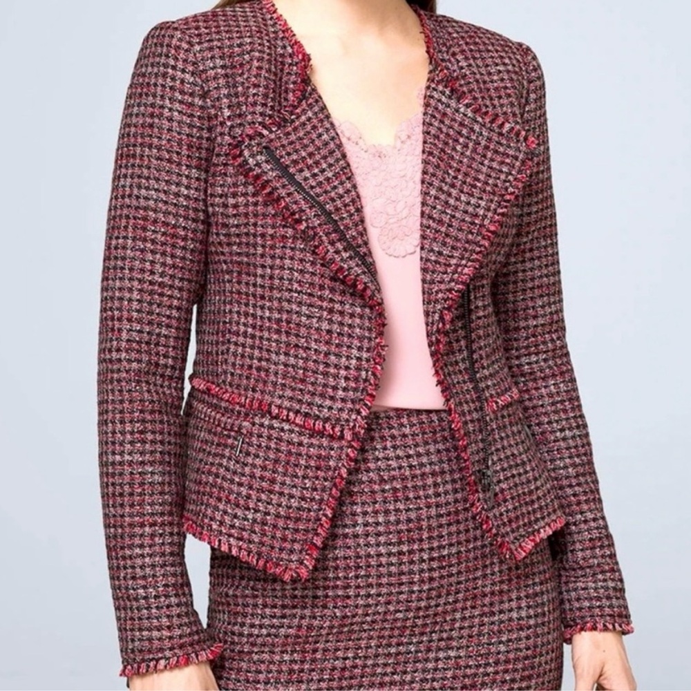 White House Black Market Tweed Blazer Size 6 Zip Jacket Pink Black Boucle NWT